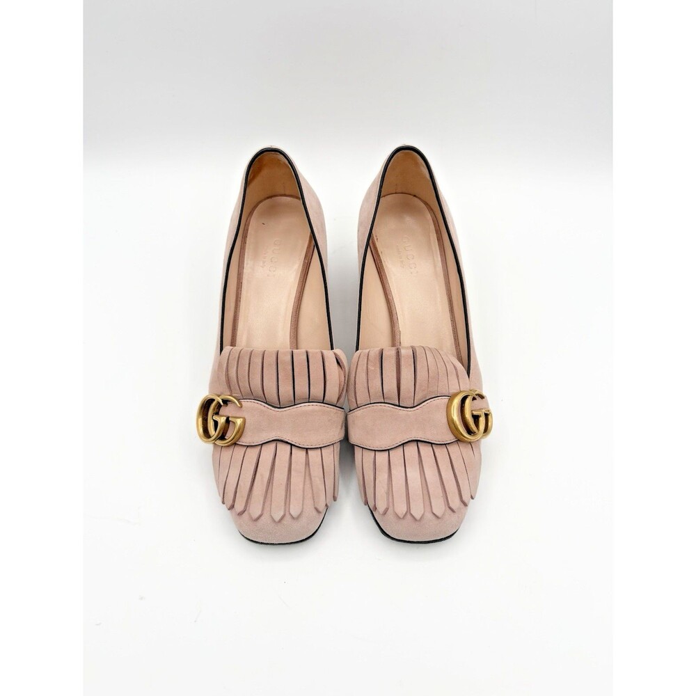 Gucci Pink Suede Fringe Marmont GG Logo Block Heel Low Heel Pumps Size EU 37